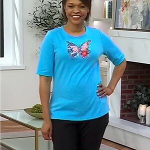 Quacker Factory Red White & Blessed Embroidered Butterfly Elbow Sleeve Top